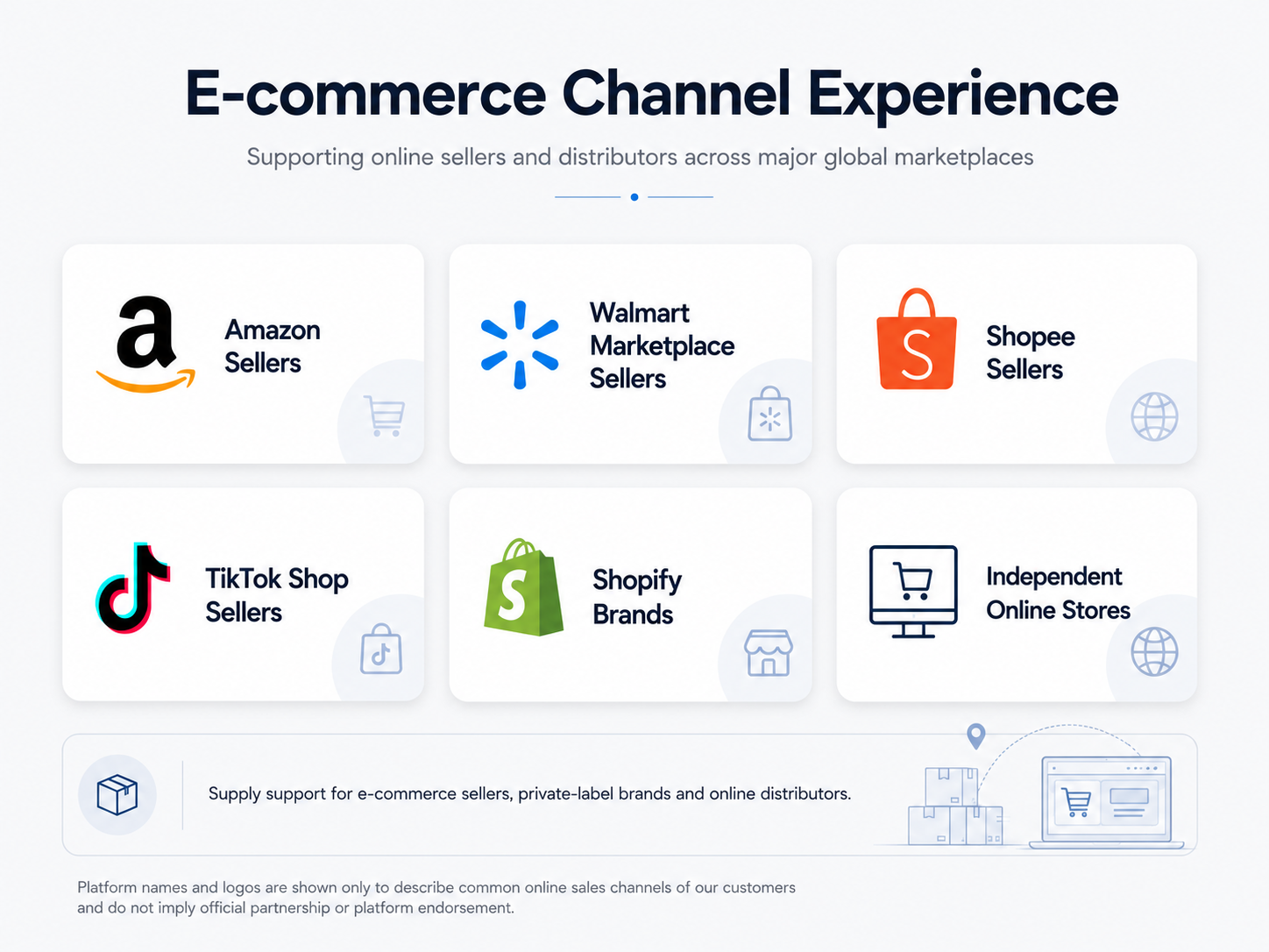 E-commerce channel experience showing common online sales channels used by customers, including Amazon, Walmart, Shopee, TikTok Shop, Shopify and independent online stores